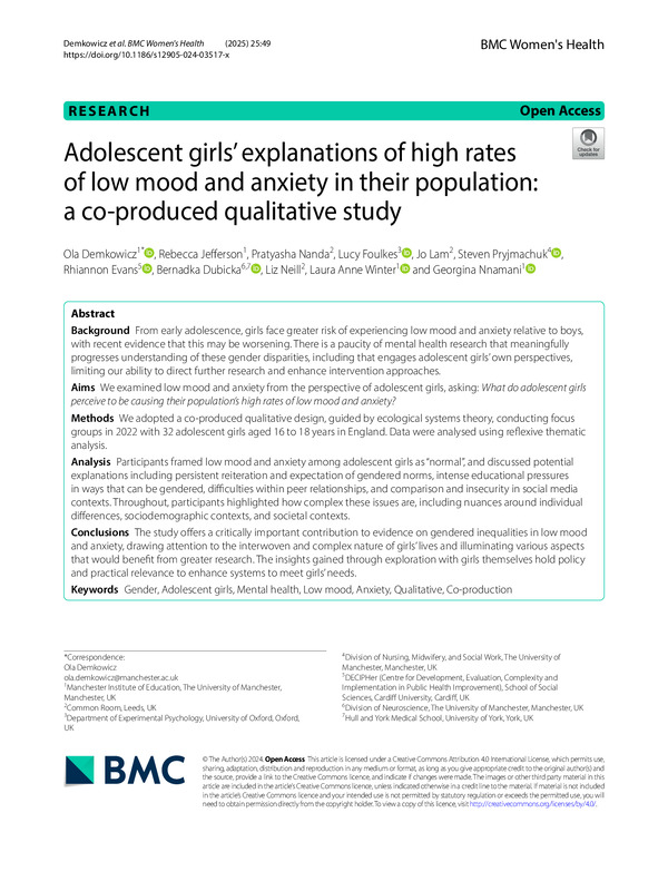 Adolescent girls’ explanations of high rates of low mood and anxiety in their population: a co-produced qualitative study