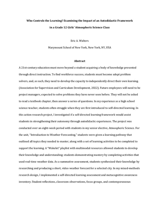 Who Controls the Learning? Examining the Impact of an Autodidactic Framework  in a Grade 12 Girls’ Atmospheric Science Class