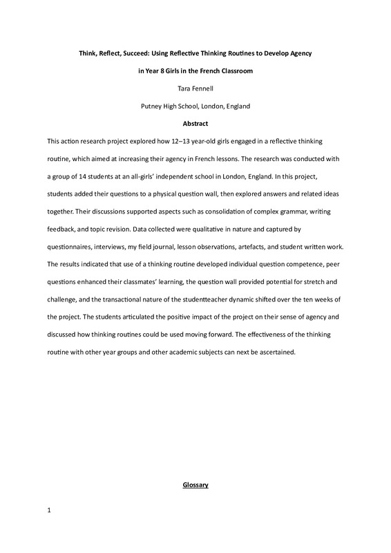 Think, Reflect, Succeed: Using Reflective Thinking Routines to Develop Agency  in Year 8 Girls in the French Classroom