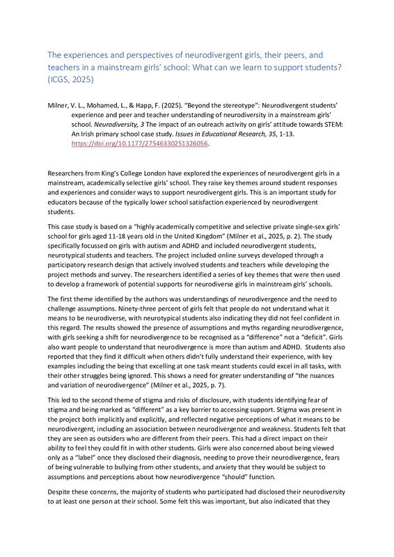 Understanding and supporting neurodiverse girls in mainstream schools