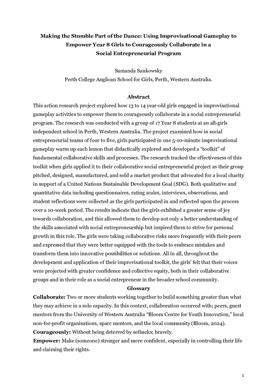Making the Stumble Part of the Dance: Using Improvisational Gameplay to Empower Year 8 Girls to Courageously Collaborate in a  Social Entrepreneurial Program